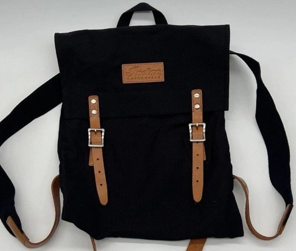 Indian Motorcycle Scout Bobber Black Canvas Leather Straps Backpack Rucksack Bag